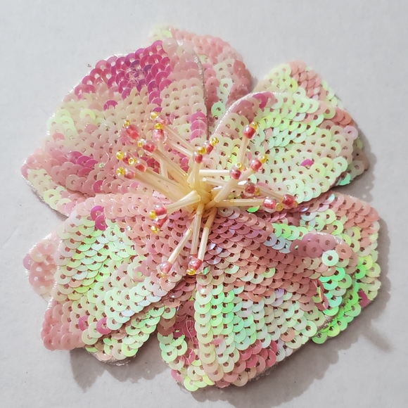 3D hibiscus beaded applique flower sew on iron on patch sequins tropical pink - Picture 6 of 11